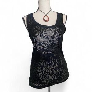 Black Sheer Mesh Floral Rhinestone Tank Top Women Small Y2K Fairy Grunge Hawaii
